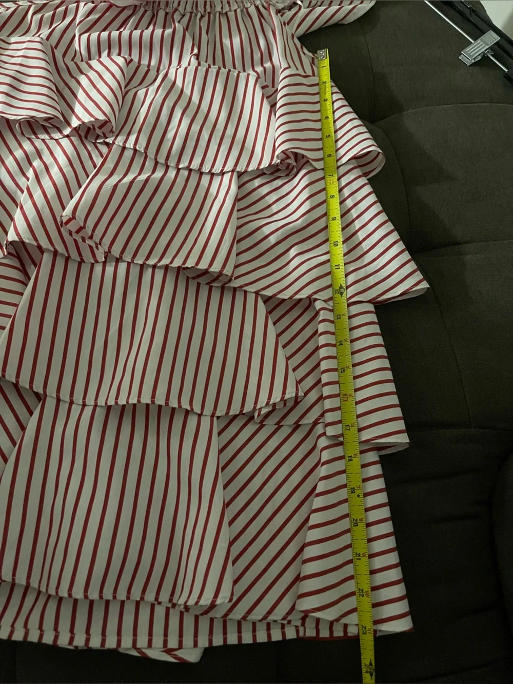LULUS Red and White Striped Ruffle Tiered over under the Shoulder Dress Medium